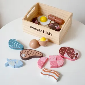 Set mainan dapur rumahan, bermain anak simulasi segar kombinasi peralatan dapur kotak kayu memotong musik Set kayu