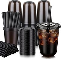 100 Sets de Gobelets Transparents en PET de 16 oz avec Couvercles et Pailles Larges pour Boba |   Sous-verres jetables légers pour boissons froides et bubble tea