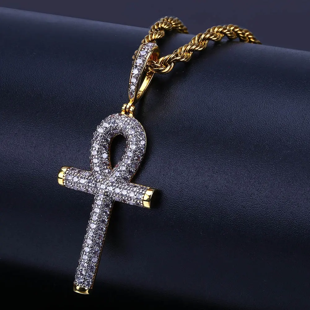 New Solid Ankh Cross Pendant Cubic Zirconia Chains Gifts Hip Hop Micro Pave CZ Stones Egyptian Style Necklace Pendants Men Women