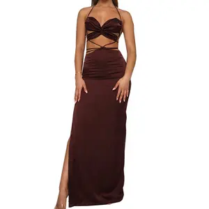 Cut Out Satin Open Back Long Maxi Dresses Women Sexy Cami Dress