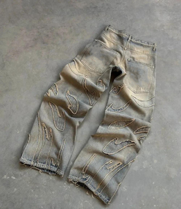 بنطلون جينز مخصص بأسلوب الهيب هوب، حواف خام، دينيم ممزق، فضفاض، طراز Y2K عتيق، مستقيم، ملابس الشارع، خصر متوسط، بنطلون جينز عصري - Product Image 1