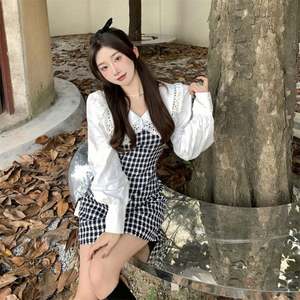 Otoño Corea diseño mujer muñeca cuello vestido a cuadros falsificar dos piezas Delgado manga larga moda dulce vestido de empalme - Product Image 2