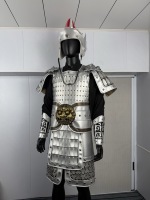 Ensemble d'armure lamellaire de guerrier chinois antique en argent, casque à plumes rouge de tranchée, costume complet pour homme, LARP, cosplay, Halloween, scène