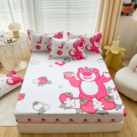 Ensemble de literie 3 pièces en dentelle motif ours fraise, imprimé dessin animé mignon, drap-housse tout compris