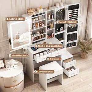 Manufacturer's LED lighting sliding mirror <b>dressing</b> <b>table</b> jewelry cabinet charging station <b>storage</b> shelf cushioned stool set - Product Image 3