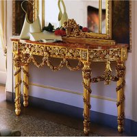 Ensemble de salon de villa classique en bois massif antique, table console en feuille d'or avec plateau en marbre véritable et miroir
