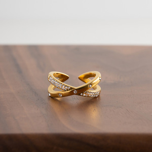 Cross Shape Gold <b>Open</b> <b>Ring</b> With White Diamonds Pave Setting For Women - Product Image 2