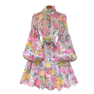 Vestido Midi de Encaje con Recortes, Estilo Casual y Dulce, de Alta Costura Francesa, para Primavera/Verano, con Mangas Farol y Volantes, Corte en A, Cintura Natural, para Mujer - Product Image 1