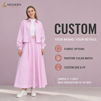 Ensemble coordonné rose modeste : Chemise courte boutonnée et jupe longue évasée à boucle papillon en coton et lin rose – Fabrication OEM/ODM sur mesure