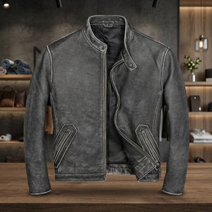 Men <b>Vintage</b> Genuine Leather Motorcycle Jacket <b>Stand</b> Collar Zipper Biker <b>Coat</b> - Product Image 2