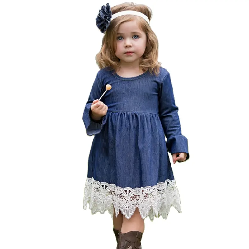 2024 새로운 디자인 아기 소녀 청바지 드레스 레이스와 아이 긴 소매 옷
