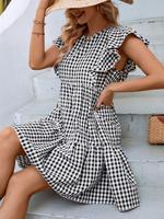 Robe mini à volants et manches à volants en gingham noir et blanc, robe babydoll ample à col rond