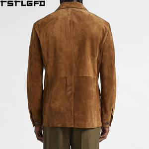 Cut And Sew <b>Suede</b> Notched Lapel <b>Jacket</b> <b>Men</b> Tobacco Brown Four Pocket Windbreaker Streetwear Outerwear Manufacturers Bulk - Product Image 2
