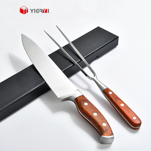Juego de cuchillos de tenedor con mango de madera <span class=keywords><strong>para</strong></span> barbacoa Juego de cuchillos de tallado de tenedor de acero inoxidable de 8 pulgadas <span class=keywords><strong>para</strong></span> asado de pavo o jamón - Product Image 1