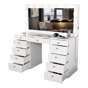 Table de Toilette Coiffeuse Moderne Luxe Grande Blanche en Bois et Verre avec Miroir Éclairé LED et Tiroirs pour <span class=keywords><strong>Chambre</strong></span> - Product Image 1
