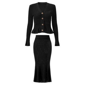 Lady Autumn New Arrival Single-breasted V-neckline Flared Long Sleeve <strong>Cardigan</strong> Midi Mermaid Skirt Women Solid Knit <strong>Twin</strong> <strong>Sets</strong> - Product Image 3