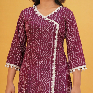 Women Rayon Printed Kurti Top Wine Ethnic <b>Tunic</b> with Pom Pom Lace Casual Wear Kurti - Product Image 1