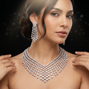 Luxury <b>Silver</b> Plated CZ Cubic Zirconia Indian Bridal Teardrop <b>Choker</b> Necklace Earrings Jewellery Set Brass Base - Product Image 1