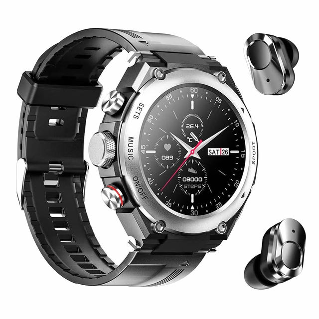 T92 Smart Watch with Wireless Earbuds 3 in 1 Round Fitness Tracker 1.28 Inch with Speaker Sports Smartwatch Long Time Standby