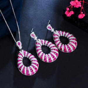 מיקרו פייב מעולה פוקסיה אדום מעוקב Zirconia להתנדנד תליון שרשרת דמעת עגיל תכשיטי סט לנשים חגיגי לנשף - Product Image 5