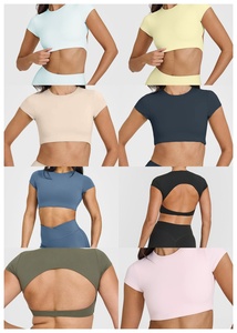 Yimo kadınlar yuvarlak boyun Backless egzersiz gömlek kadın kısa kollu kırpma Yoga üst Lady spor çabuk kuruyan koşu tişörtü - Product Image 2