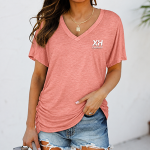 Camiseta de Manga Corta para Mujer, Nueva Colección 2025, Color Sólido, Cuello en V, Manga Murciélago, Fruncido Lateral, Estilo Casual Europeo Americano - Product Image 1