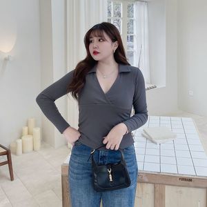 Camiseta Happy Hut Plus Size para mujer, camiseta de manga larga con cuello en V profundo, Top moderno ajustado para mujer de talla grande N8297 - Product Image 1