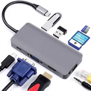 Hub USB 9 in 1, stasiun Dok USB 9 in 1, hub Tipe c ke HD-MI USB 3.0 USB 3.0 SD TF RJ45 VGA Audio 3.5mm