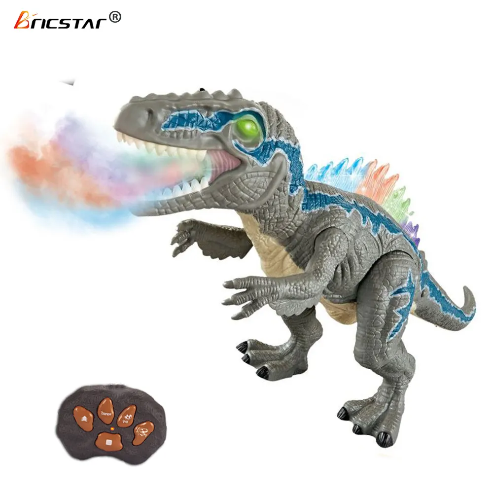 Bricstar-luz de sonido de 2,4G, aerosol de 7 colores, niebla, control remoto, led, caminar, dinosaurio, juguete robot con función de cabeza móvil