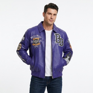 Blouson <span class=keywords><strong>Bomber</strong></span> en Cuir Véritable pour <span class=keywords><strong>Homme</strong></span> OEM, Style Urbain, Personnalisable avec Broderie Appliquée et Strass, en Peau d'Agneau, Type Varsity - Product Image 2