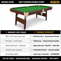 Table de billard OEM 6 pieds en bois massif, tissu vert, qualité tournoi, pliable, luxe, personnalisable pour la maison
