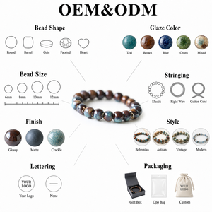 Bracciale con Perle in Ceramica Smaltata, Artigianale, Elastico, Stile Bohemien, Colore Mogano Teal, Regalo per Donna - Product Image 5