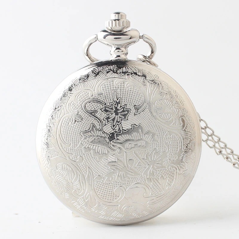 Bronze Carved Skull Design Antique Quartz Pocket Watch for Men Women Long Chain