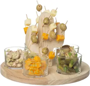 Tapas platters Set Aperitif Picks and Cups Tray Cactus Beige Transparent Green Wood Glass 40 Skewers 5 Cups Support and Tray