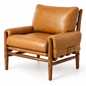 Sillón Moderno de Cuero Color Bronceado con Estructura de Madera Maciza, Asiento Ergonómico y Artesanía Refinada para Hogares de Diseño - Product Image 1