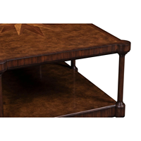 Table basse rectangulaire en teck massif avec un design élégant à surface épaisse et des sculptures verticales artistiques.