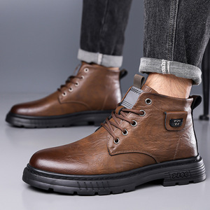 Bottes à cheville en cuir véritable pour hommes, bout rond, doublure en peluche, semelle extérieure en caoutchouc, bottes de neige chaudes pour l'automne et l'hiver - Product Image 2