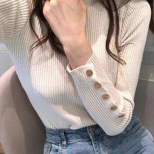 Venda quente Camisa Base Mid Neck para Mulheres, Tendência Elegante Cor Sólida Nova Outerwear Malha Semi Gola Alta Manga Comprida - Product Image 3