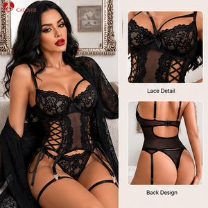 Ensemble de lingerie noire en dentelle pour femme, comprenant un haut bustier, une culotte et des jarretelles à lacets latéraux, en maille transparente, trois pièces, sous-vêtements intimes - Product Image 3