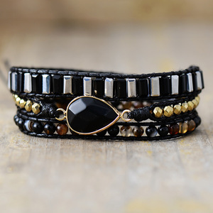Multi Layered Wrapped <b>Bracelet</b> Natural Stone Crystal Bead Water Drop Shape Black Gold Tone Jewelry Fashion <b>Beaded</b> <b>Bracelets</b> - Product Image 2