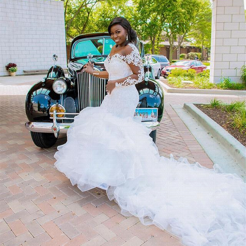 NE203 Top Sale Long Sleeves Ruffle African Mermaid Wedding Dresses