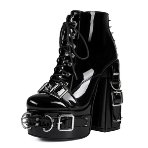 Big Size 47 Women Metal Buckles Rivets Ankle Boots Wide Fit High Chunky Heels Platform Shoes Patent Front Lace up Short <b>Booties</b> - Product Image 4