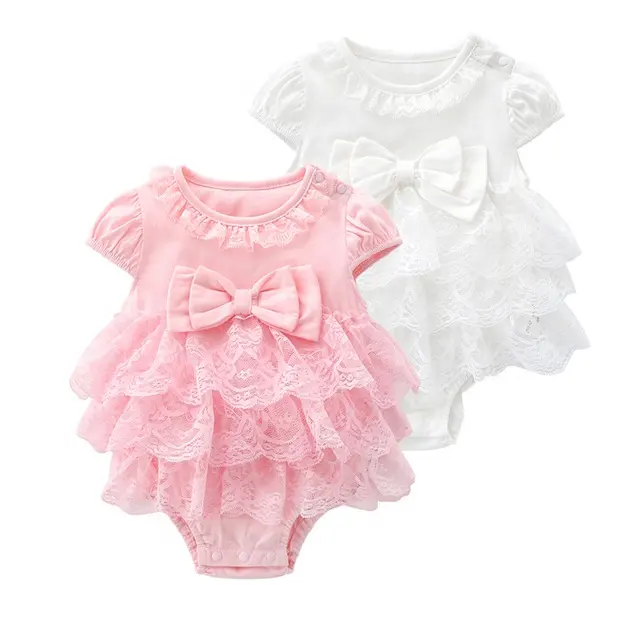 Custom cotton newborn baby clothes short sleeve lace pink princess jumpsuit new born baby girls rompers for summer