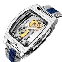Reloj Mecánico Automático de Lujo para Hombre SHENHUA con Correa Negra de Cuero Genuino y Caja de Acero Inoxidable con Aleación Dorada Transparente