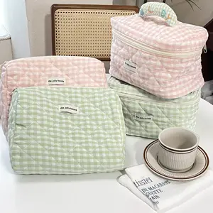 Rosa Verde Checkered Cosmetic Bag Grande Capacidade Coreano Bonito Portátil Cosméticos Armazenamento Saco Algodão Quilted Toiletry Bag