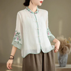 Traditional Chinese Embroidered Cotton Linen Shirt Women Stand Collar Three Quarter Sleeve Loose Fit Color Block Top - Product Image 3