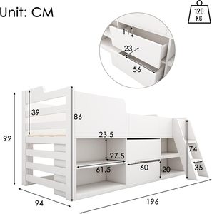 Cama <span class=keywords><strong>de</strong></span> cabina <span class=keywords><strong>de</strong></span> madera para niños <span class=keywords><strong>de</strong></span> 3 pies, marco <span class=keywords><strong>de</strong></span> cama para dormir medio con estante <span class=keywords><strong>de</strong></span> almacenamiento, escalera, cama baja para dormir, niños, niños y niñas - Product Image 2