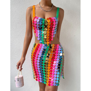 Hot Selling Night Club Colorful <strong>Sequin</strong> <strong>Mesh</strong> Two Piece Sets Tank <strong>Top</strong> Slip Dress - Product Image 4
