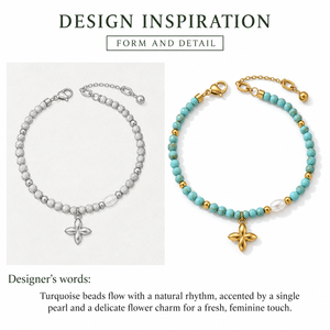 Stainless Steel Beaded Bracelet, Gold <b>Tone</b> Turquoise, <b>Red</b> or White with Faux Pearl and Flower Charm, Adjustable 18+3.5 cm - Product Image 5