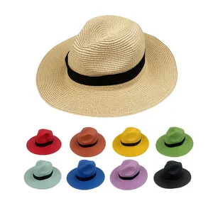 Topi Jerami Matahari Uniseks, Topi Jerami Pantai Fedora Floppy Kepang Matahari Bersirkulasi Udara Musim Semi Musim Panas Uniseks